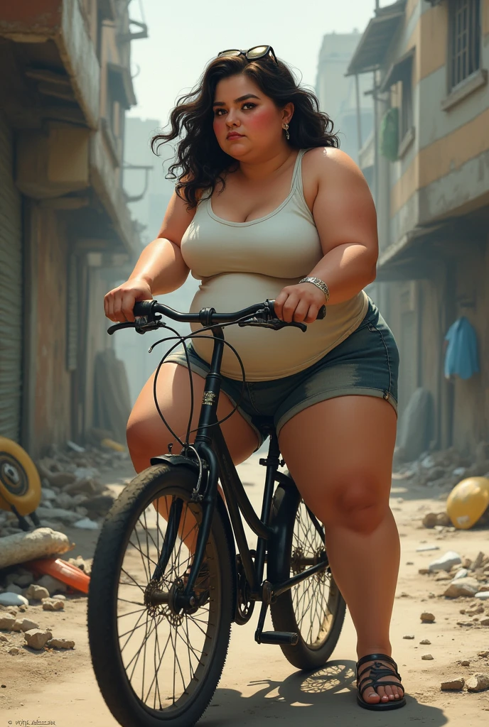 A fatty girl sitting on the puncture bicycle 
