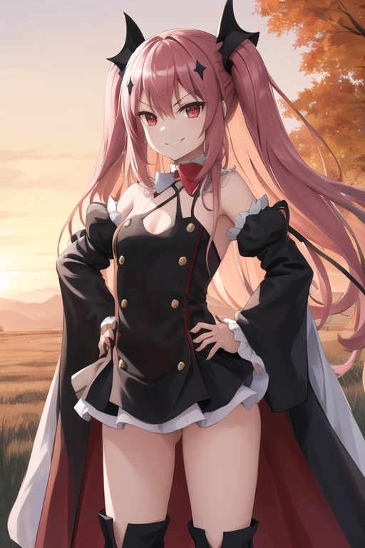 1girl, solo, KrulTepes, long hair, two side up, hair ornament, detached collar, red bow, black dress, bare shoulders, frills, detached sleeves, thigh boots, outdoors, hands on hips, smirk, 