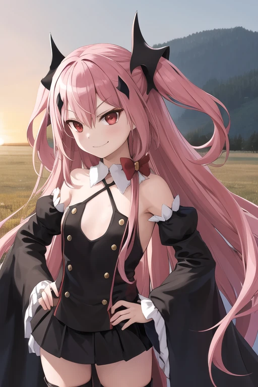 1girl, solo, KrulTepes, long hair, two side up, hair ornament, detached collar, red bow, black dress, bare shoulders, frills, detached sleeves, thigh boots, outdoors, hands on hips, smirk, 