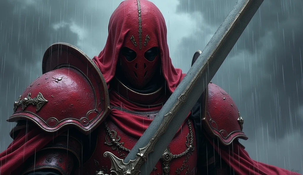 a close up of a person holding a sword in the rain, blood knight, fantasy knight, High quality 8k detailed artwork, 坏蛋动漫8 K, from Arknights, evil knight, gothic knight, dark souls art style, Arknights, fallen knight, knight armored in red, 4k fantasy artwork, Epic fantasy digital art style, fantasy art 8k
