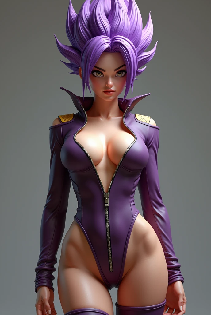 ((perfect anatomy:1.2,realistic:1.3,RAW Photography:1.3,masterpiece、highest quality、Ultra - High resolution、High resolution、Highly detailed CG、8K)), image of a super saiyan, The outfit should be alluring ,overly revealing,(((exposed breasts))), unzipped:1.2, ((breasts popping out)), ((costume is unzipped from her chest to her vagina)), narrow waist, wide hips ((bare chest)),very thin slender body, thigh gap, short hair, purple hair, dragon ball spiky hair,
