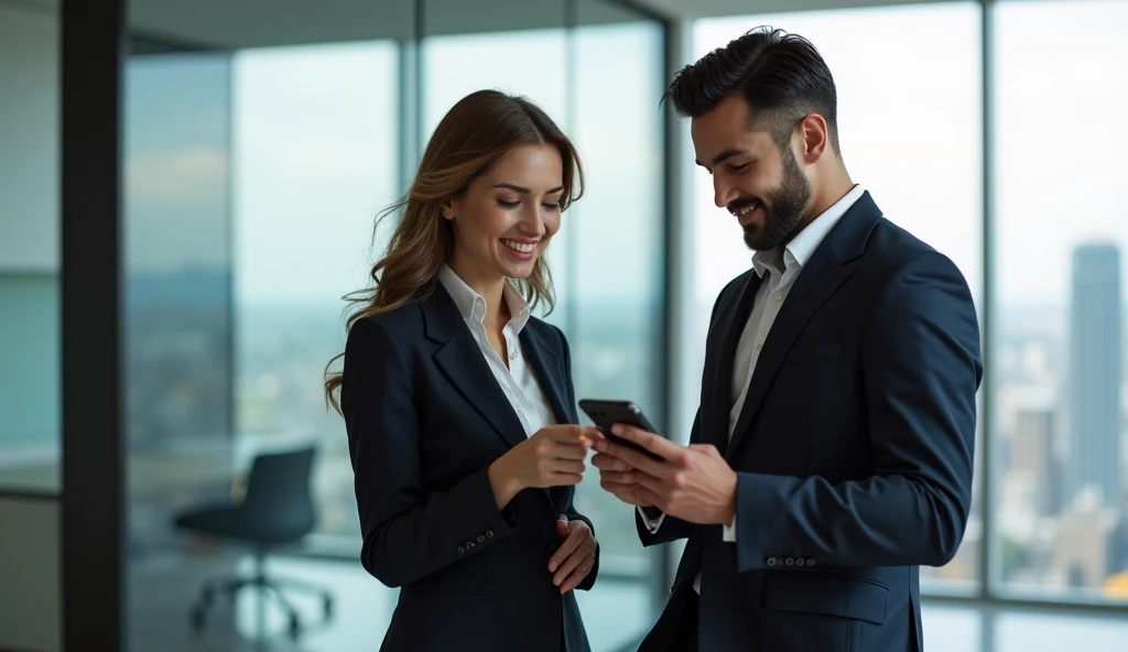 a businesswoman and a businessman in formal wear, Grinning, Using the cellphone