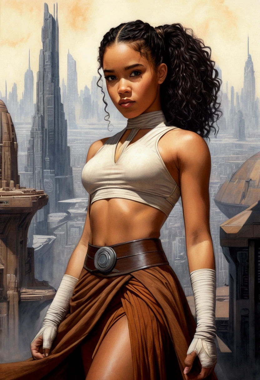 An illustrated movie poster, hand-drawn, full color, a teenage Jedi, 18-years-old, female, wearing a crop top and a skirt, athletic hourglass figure, busty bosoms, full wide hips, massive round butt, long shapely legs, ridiculously thick powerful thighs, hazel eyes, dark hair, curly ponytail, warm brown complexion, resembles Alexandra Shipp, standing above Coruscant, graphite shading, stencil marks, airbrushed acrylic paint, masterpiece, in the style of Drew Struzan 