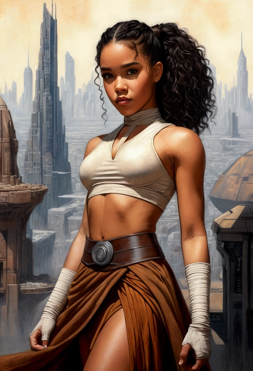 An illustrated movie poster, hand-drawn, full color, a age Jedi, 18-years-old, female, wearing a crop top and a skirt, athletic hourglass figure, bustoms, fide hips, massive round butt, long sha legs, ridiculously thick powerful thighs, hazel eyes, dark hair, curly ponytail, warm brown complexion, resembles Alexandra Shipp, standing above Coruscant, graphite shading, stencil marks, airbrushed acrylic paint, masterpiece, in the style of Drew Struzan
