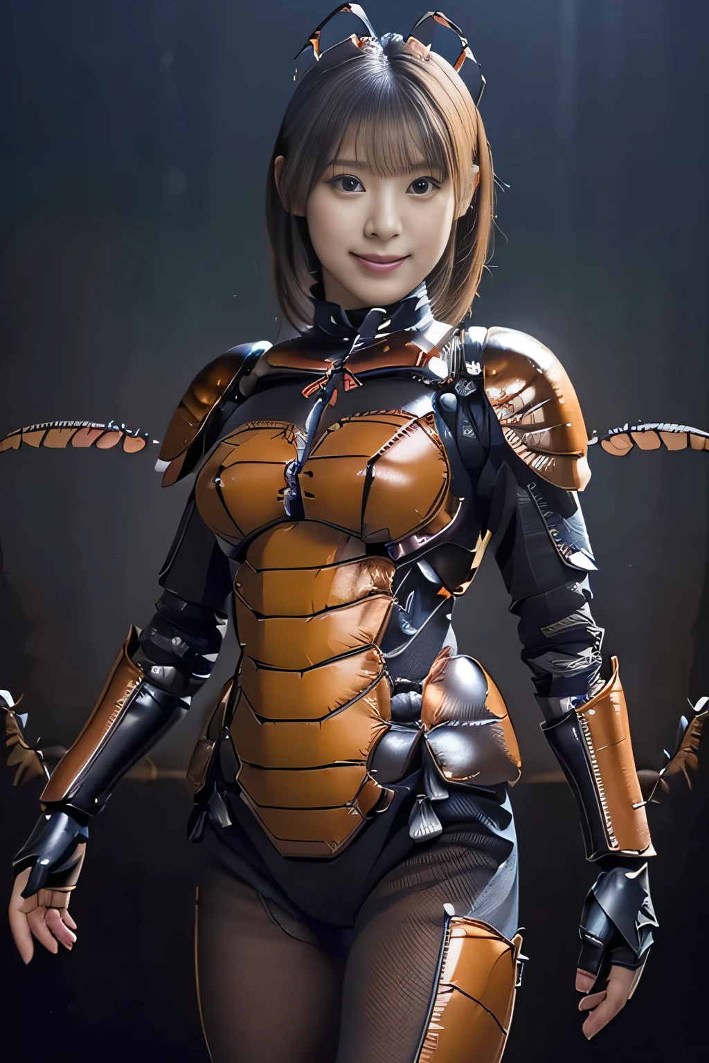 (high resolution,masterpiece,best quality,extremely detailed CG, anime, official art:1.4), realistic, photo, amazing fine details, all intricate, gloss and shiny,awesome many layers, 8k wall paper, 3d, sketch, kawaii, illustration,( solo:1.4), perfect female proportion,villainess, (fusion of dark brown cockroach and lady:1.4), (brown cockroach form lady:1.2), (brown cockroach lady:1.2), (fusion:1.2), (solo:1.4), (evil smile:1.2), muscular, abs, (cockroach brown exoskeleton bio insect suit:1.4), (cockroach brown exoskeleton bio insect armor:1.2), (brown transparency cockroach wing:1.4), (brown cockroach antennae:1.3),