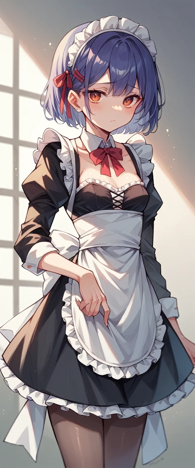 wearing a maid outfit。The maid outfit has a large opening at the chest.、The girl has small breasts。