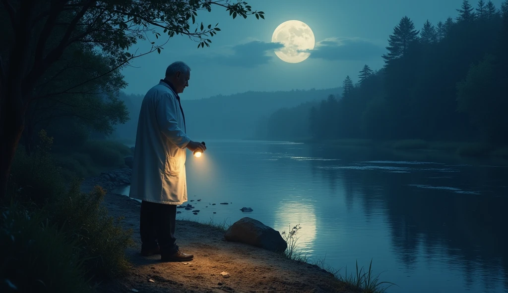 A man in a white coat uses a flashlight to illuminate the path along the river.