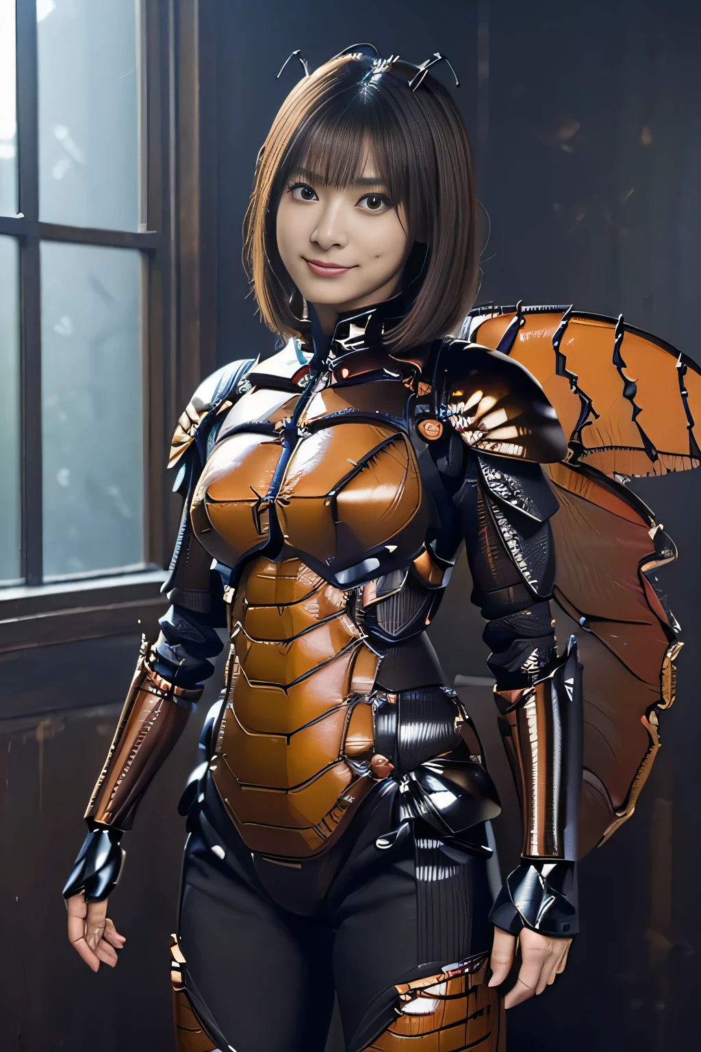 (high resolution,masterpiece,best quality,extremely detailed CG, anime, official art:1.4), realistic, photo, amazing fine details, all intricate, gloss and shiny,awesome many layers, 8k wall paper, 3d, sketch, kawaii, illustration,( solo:1.4), perfect female proportion,villainess, (fusion of dark brown cockroach and lady:1.4), (brown cockroach form lady:1.2), (brown cockroach lady:1.2), (fusion:1.2), (solo:1.4), (evil smile:1.2), muscular, abs, (cockroach brown exoskeleton bio insect suit:1.4), (cockroach brown exoskeleton bio insect armor:1.2), (brown transparency cockroach wing:1.4), (brown cockroach antennae:1.3),