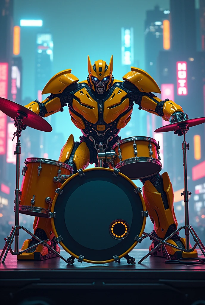 Bumblebee from movie transformer playing drum on stage,, ((cyberpunk style)), Hi-Tech city, mechanical enhancement, (high-tech fantasy), robotics, blade runner 2049