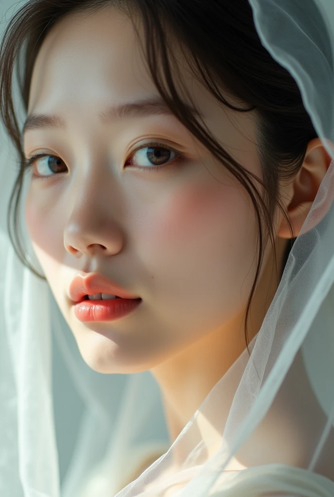 A tight close-up of a young woman’s face, focusing on the bridge of her nose and the area between her brows. The smooth texture of her skin is highlighted by soft, diffused lighting, creating a gentle play of light and shadow. The sheer, translucent fabric is draped over the top of her forehead, falling lightly across the bridge of her nose. The dewy glow of her skin is emphasized by the subtle sheen of the fabric, enhancing the ethereal and cinematic quality of the image. The close-up brings attention to the delicate details and the natural elegance of her features., photo, cinematic, poster