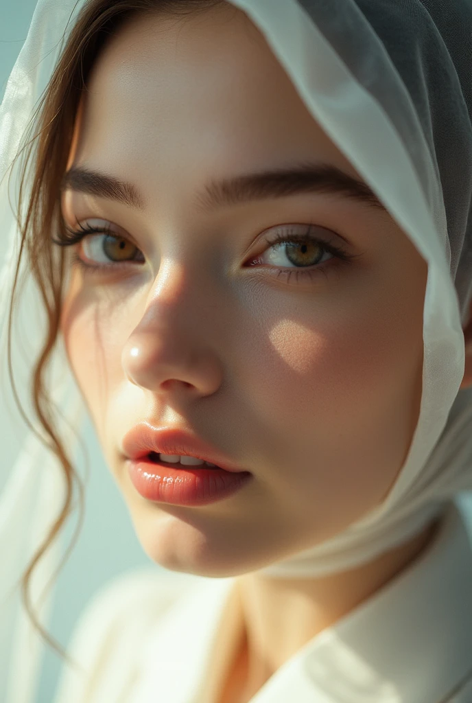 A tight close-up of a young woman’s face, focusing on the bridge of her nose and the area between her brows. The smooth texture of her skin is highlighted by soft, diffused lighting, creating a gentle play of light and shadow. The sheer, translucent fabric is draped over the top of her forehead, falling lightly across the bridge of her nose. The dewy glow of her skin is emphasized by the subtle sheen of the fabric, enhancing the ethereal and cinematic quality of the image. The close-up brings attention to the delicate details and the natural elegance of her features., photo, cinematic, poster
