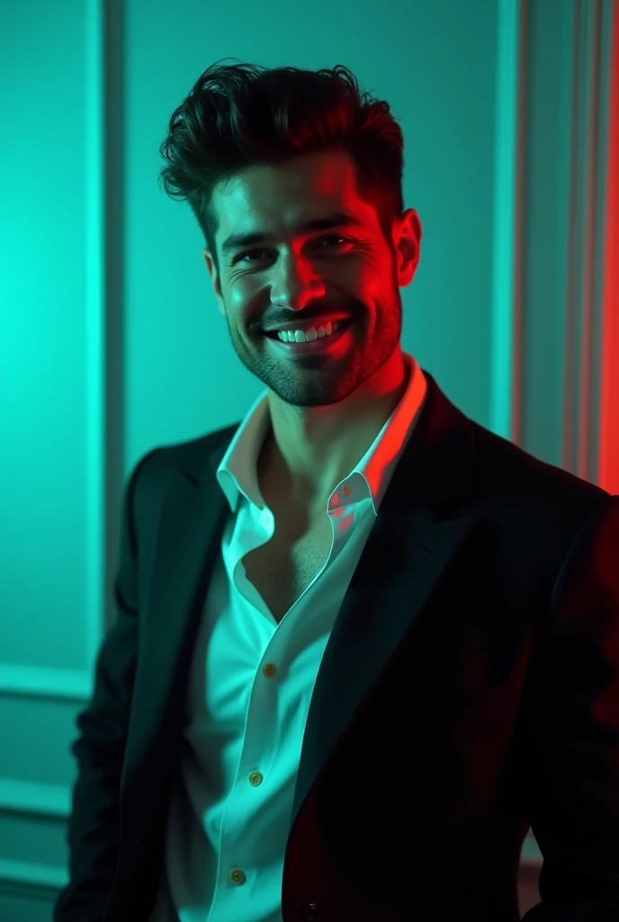 A young Man With Dark hair and a confident smile He is Dressed in a black blazer over a @๐ฅ_๐ ๐ข ๐ ๐ ๐_______๐ป๐ฌ:A young Man With Dark hair and a confident smile He is Dressed in a black blazer over a white shirt The man is positioned against aqua colour backdrop with a subtle red lighting on t