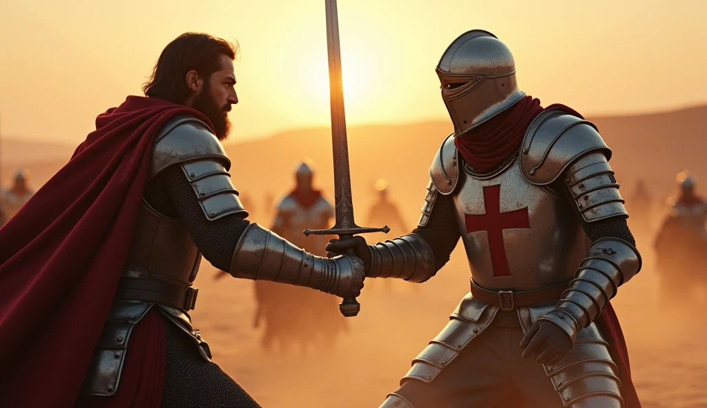 "A highly realistic, high-contrast, 8K HD, detailed, hyper-detailed image of a tense battle scene between the Crusader protagonist and the Lion-Emblazoned General. The Crusader, with his steel armor bearing a prominent red cross, has a stern expression, his dark hair and beard clearly visible as he confronts his foe. The Lion-Emblazoned General, clad in steel armor with a fierce lion emblem on his chest, keeps his face hidden behind a helmet, adding to his menacing presence. The two warriors are locked in a fierce one-on-one duel, swords clashing with sparks flying in the desolate desert battlefield. The setting sun casts long shadows, and the warm, orange light creates a dramatic contrast with the cold steel of their armors. Dust swirls around their feet, and the distant echoes of the ongoing battle heighten the tension. The image is of the highest quality, with ultra-high resolution, RAW photo quality, and Unreal Engine rendering, capturing the epic confrontation at the moment of its climax."