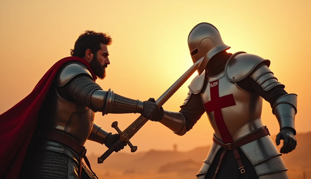 "A highly realistic, high-contrast, 8K HD, detailed, hyper-detailed image of a tense battle scene between the Crusader protagonist and the Lion-Emblazoned General. The Crusader, with his steel armor bearing a prominent red cross, has a stern expression, his dark hair and beard clearly visible as he confronts his foe. The Lion-Emblazoned General, clad in steel armor with a fierce lion emblem on his chest, keeps his face hidden behind a helmet, adding to his menacing presence. The two warriors are locked in a fierce one-on-one duel, swords clashing with sparks flying in the desolate desert battlefield. The setting sun casts long shadows, and the warm, orange light creates a dramatic contrast with the cold steel of their armors. Dust swirls around their feet, and the distant echoes of the ongoing battle heighten the tension. The image is of the highest quality, with ultra-high resolution, RAW photo quality, and Unreal Engine rendering, capturing the epic confrontation at the moment of its climax."