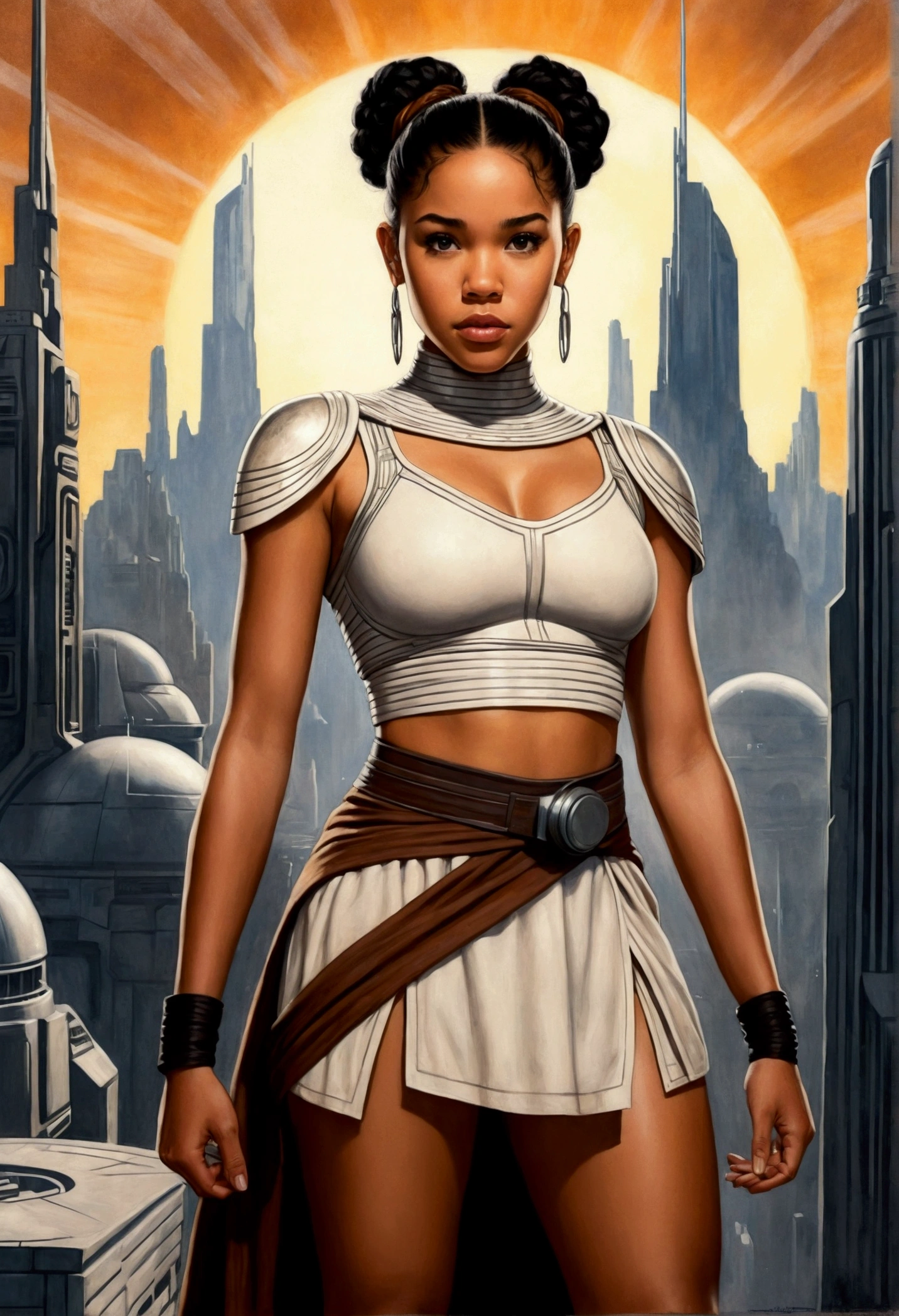 An illustrated movie poster, hand-drawn, full color, a age Jedi, 18-years-old, female, wearing a crop top and a skirt, athletic hourglass figure, busty bosoms, full wide hips, massive round butt, long shapely legs, ridiculously thick powerful thighs, hazel eyes, dark hair, curly ponytail, warm brown complexion, resembles Alexandra Shipp, standing above Coruscant, graphite shading, stencil marks, airbrushed acrylic paint, masterpiece, in the style of Drew Struzan
