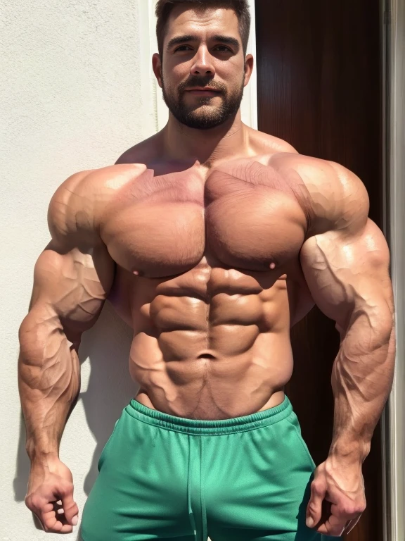 realistic, park, young, sunny day, brunette haired male figure with well-defined, hyper-realistic musculature (muscle definition:1.4). Chest and abdominal muscles appear toned and chiseled, with visible fibers and striations (chest muscles:1.6). Skin has a lifelike, organic texture with subtle imperfections (skin realism:1.5)., rippling chest, short shorts, Clark, (Niklas:1.7), hyper massive muscles, (huge muscles:1.3),