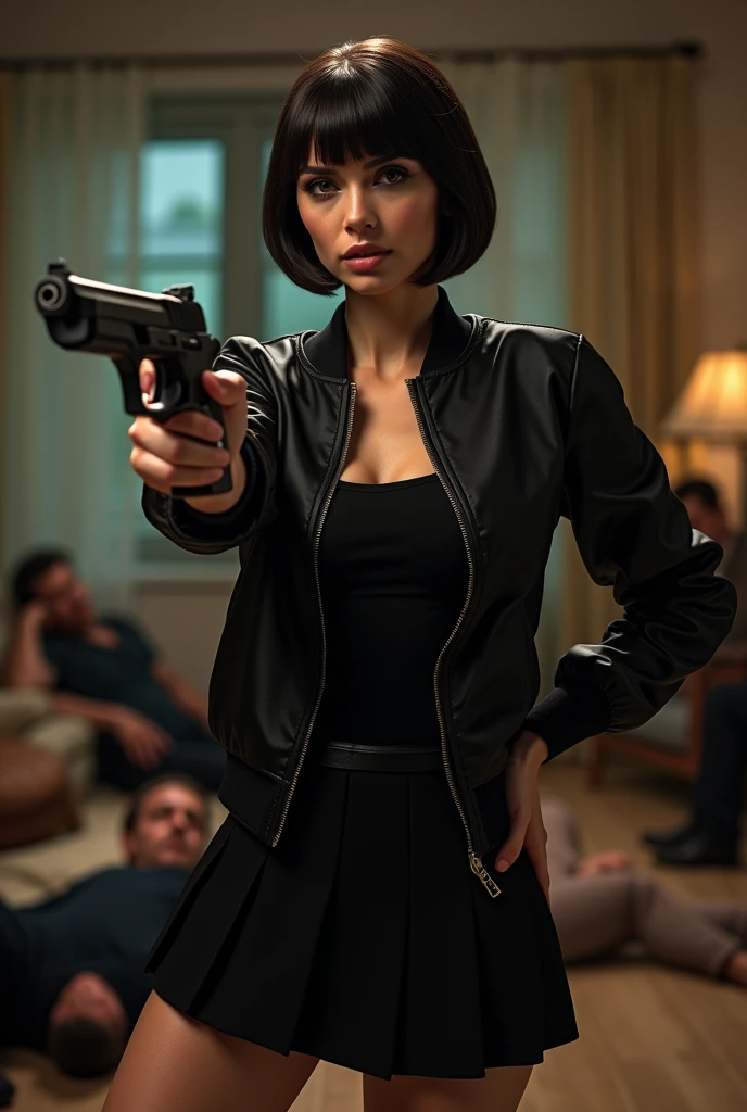 wide depth of field, wide depth of focus, f/11 lens setting, all objects in focus, full color, woman with pistol, holding glock pistol, living room background, full body image, (black and white short cropped soft shiny satin bomber jacket),  zipped up jacket, pleated shiny satin mini skirt, woman posing with a pistol ,，pistol in one hand, pure form, intricate details, 8K post-production, high resolution, super detailed, Popular topics on Artstation,, Studio photos, intricate details, Very detailed, several defeated men lay on the floor in the background