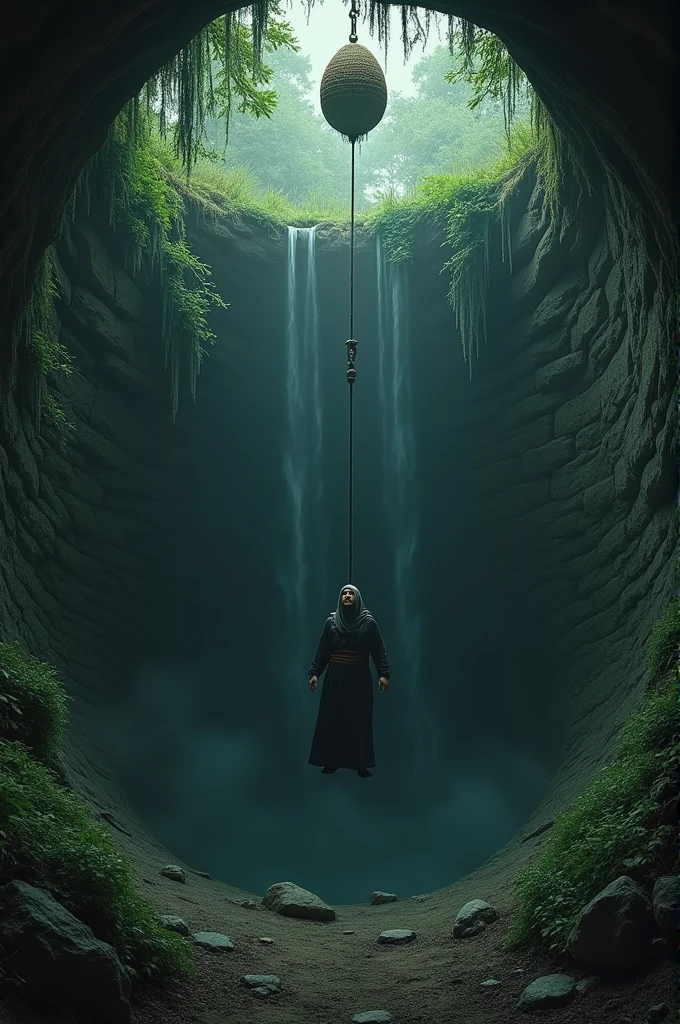 Deep in the forest, a Muslim hangs in fear from a rope in a big well. A beehive in the tree on the wall of the well.