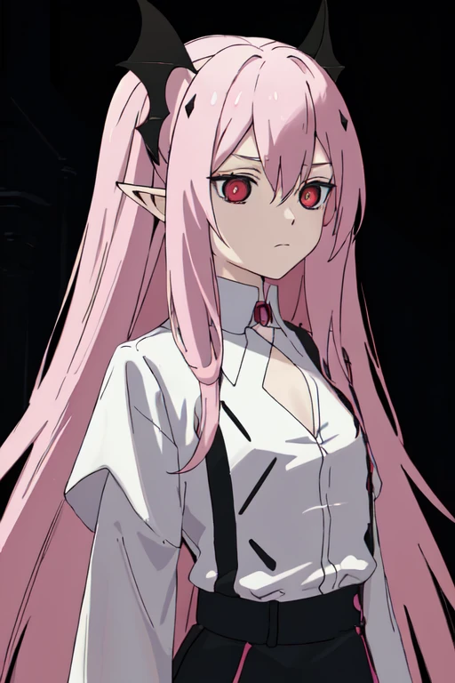 masterpiece,best quality,
(1girl:1.2),ChopioKrul,two side up,pink hair,red eyes,(black pupils,slit pupils:1.1),pointy ears,flat chest,vampire,no headwear,alternate costume,(white shirt:1.4),(contemporary:1.1),
(artistic atmosphere:1.2),(oil painting:1.2),