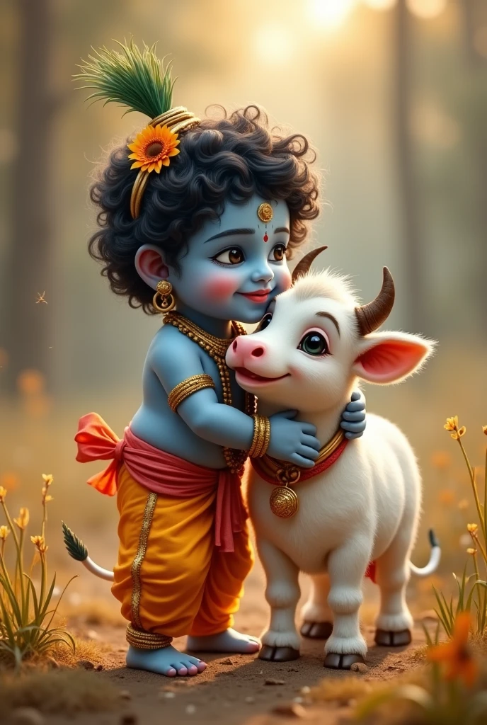 Cute Lord krishna hugging cow