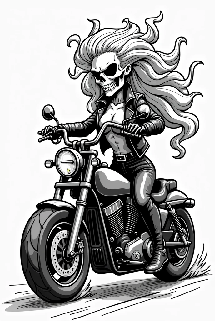 (Black and white doodle style cartoon) Medusa, leather outfit, mexican skull face, motorcyclist 