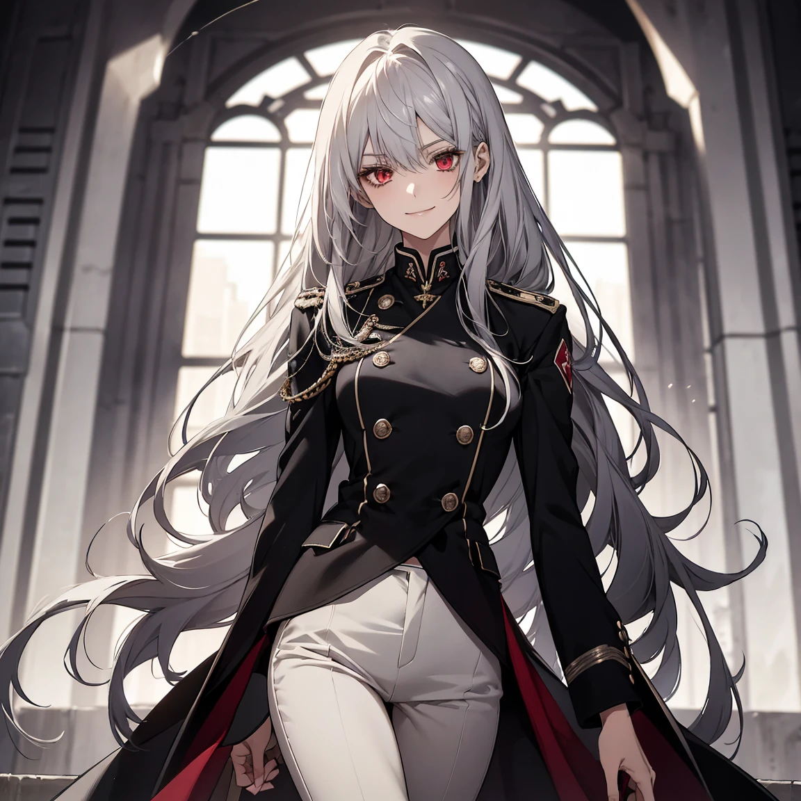 (Confused, High resolution, Very detailed), 1 female, Silver Hair,Long Hair,Bright red eyes,White and black military uniform,26th generation,beauty,mature,thin,quiet,Calm,A small smile,A kind smile,In front of people you like,Long coat,Slender and thin,boots,skinny pants,observatory,Small breasts,