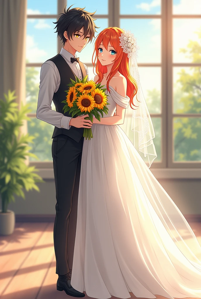 The girl with long orange hair and blue eyes wore a luxurious white off-the-shoulder wedding dress, held a wedding bouquet made from a bouquet of sunflowers, and wore a lace fabric on her head. She was standing next to a guy with slightly messy black hair, yellow eyes, cold face, wearing a vest and holding the girl's waist. The surrounding landscape is a room with lots of light and glass windows. anime character