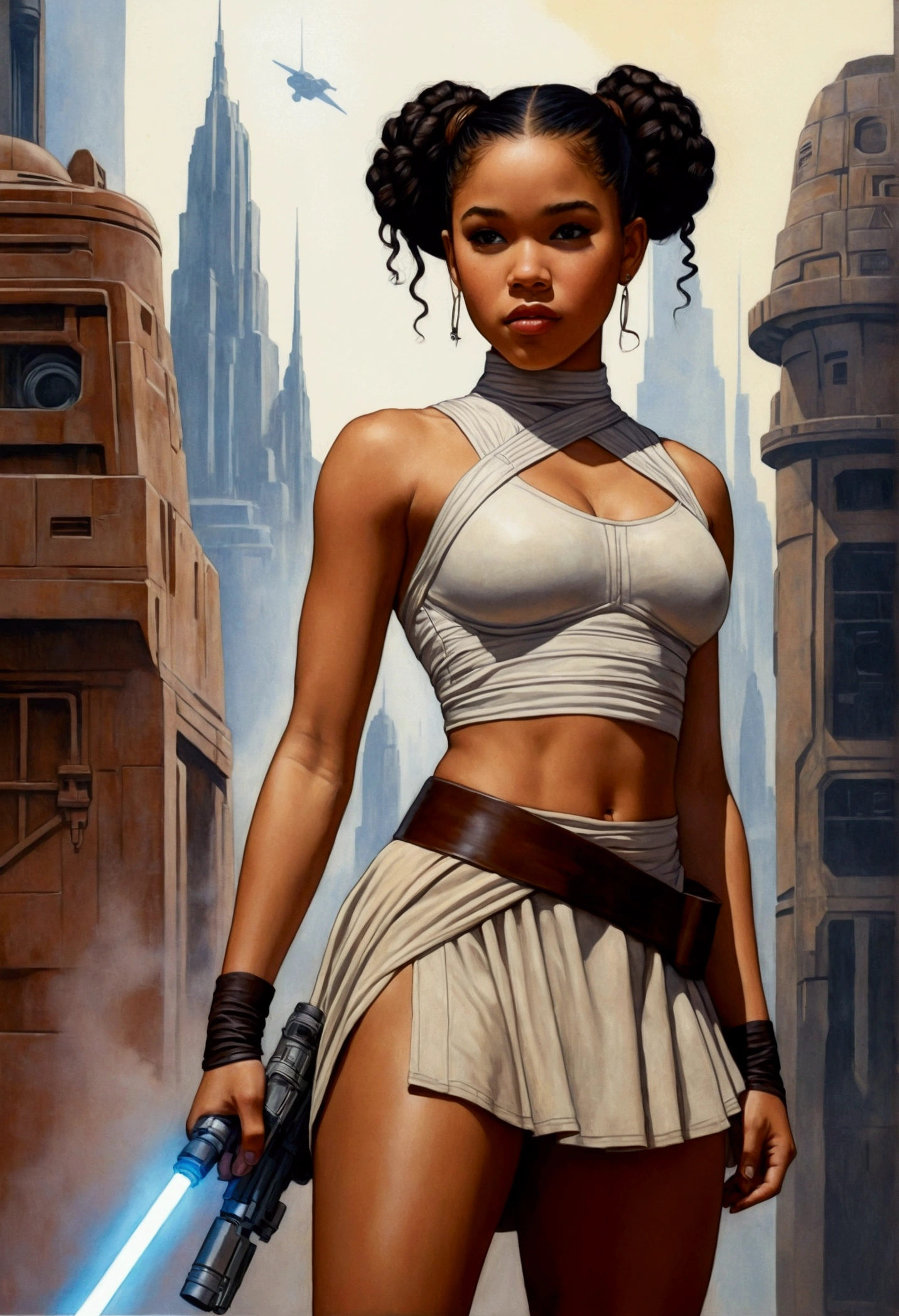 An illustrated movie poster, hand-drawn, full color, a age Jedi, 18-years-old, female, wearing a crop top and a skirt, athletic hourglass figure, busty bosoms, full wide hips, massive round butt, long shapely legs, ridiculously thick powerful thighs, hazel eyes, dark hair, curly ponytail, warm brown complexion, resembles Alexandra Shipp, standing above Coruscant, graphite shading, stencil marks, airbrushed acrylic paint, masterpiece, in the style of Drew Struzan