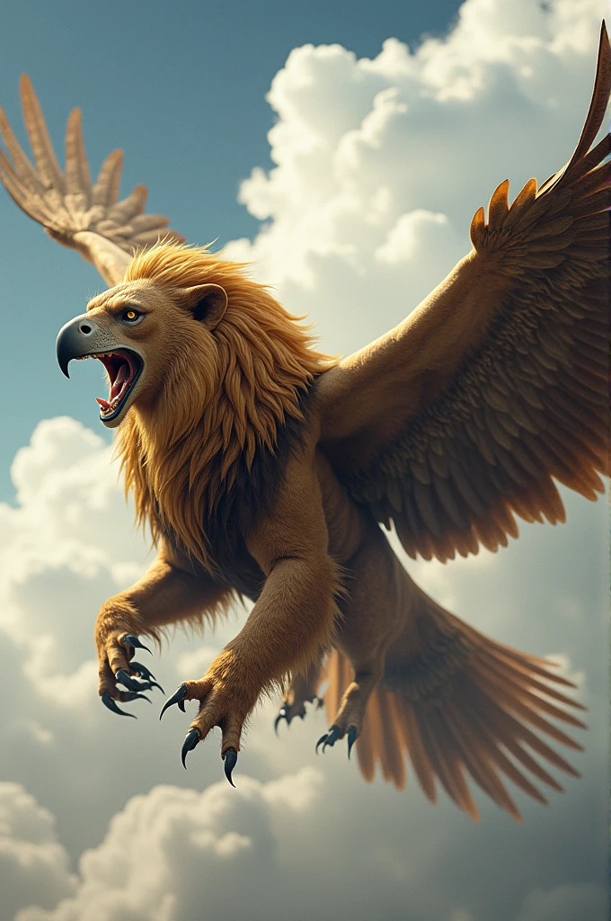 Lion + Eagle	A majestic creature with the powerful body of a lion and the impressive wingspan of an eagle. It has a golden mane and sharp talons, enabling it to soar through the sky and strike with precision. --ar 9:16​