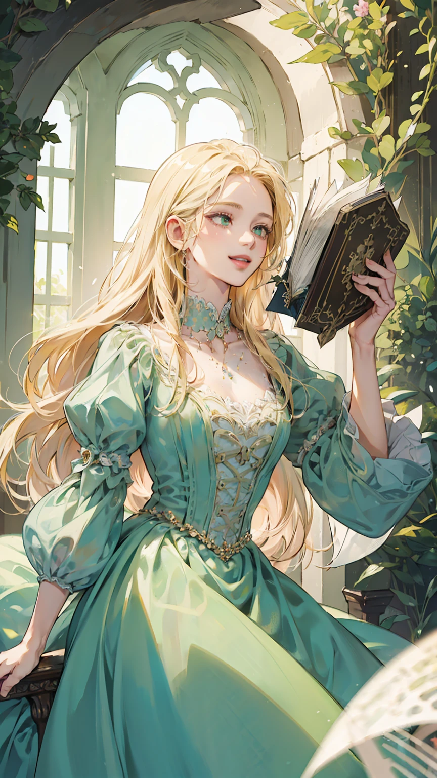 ((best quality)), ((ultra high definition)), ((masterpiece)), ((Romance Fantasy)), ((illustration)), (detailed), (clear), (Perfect), 1 woman, mature, beautiful, pure, smile, long blonde hair, white skin, green eyes, Deep double eyelids, abundant eyelashes, pretty lips, big bust, small waist, A simple design dress, Holding a book in one's arms, outdoor, Sunny weather, Brilliant sunshine