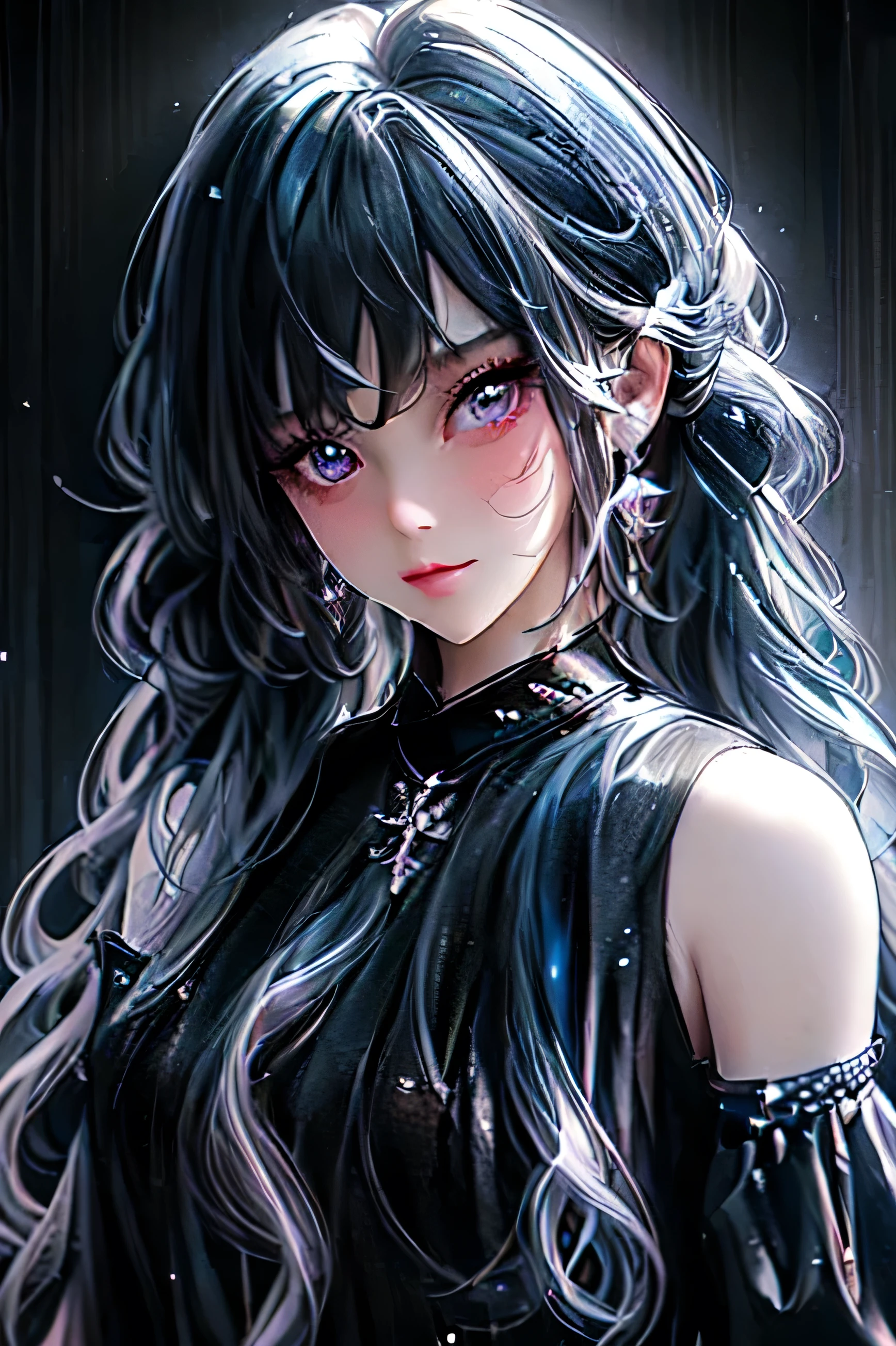 high quality, 8K Ultra HD,Colourful pastel-style paintings.beautiful anime Woman in Bioluminescence.dark pigtail hair, wearing shiny black Four-tiered ruffle dress, (background american style girls room)8k Resolution HDR, ultra high-detail

