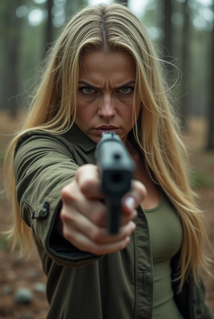 a white woman pointing a gun towards the ground, looking angrily, blonde, in a forest setting, no excessive greenery, dry atmosphere, ultra realistic.