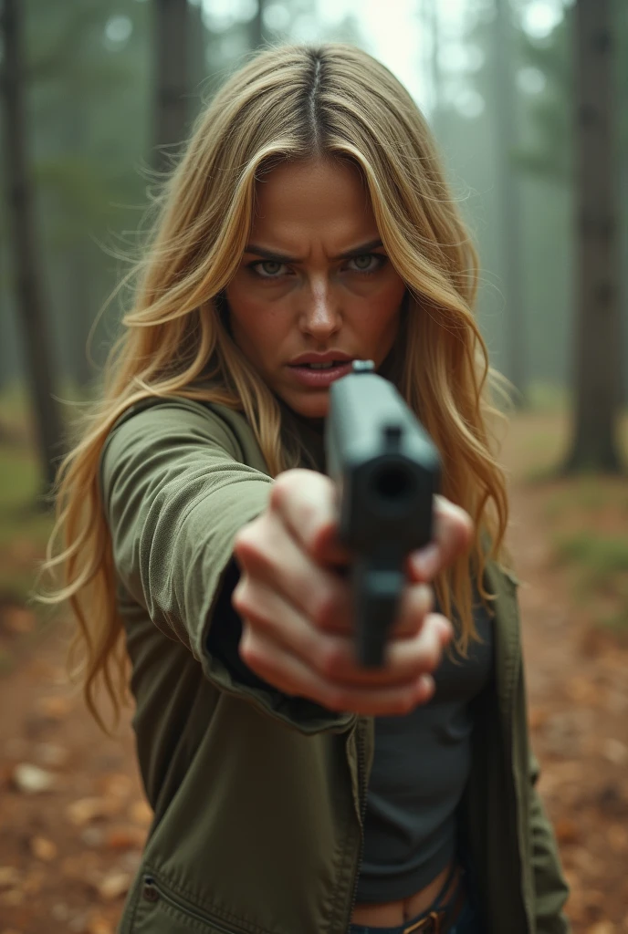 a white woman pointing a gun towards the ground, looking angrily, blonde, in a forest setting, no excessive greenery, dry atmosphere, ultra realistic.