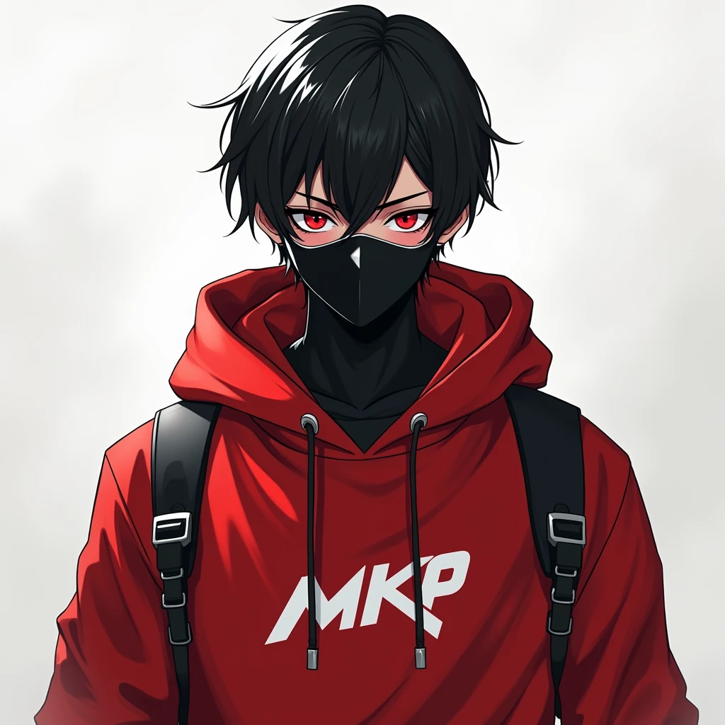 A monochromatic digital artwork featuring a boy age 25 and with a serious expression, wearing a black face mask and a red  hoodie. The character has sleek black hair and futuristic sunglasses . The hoodie has a unique design of a MKP . The background is a smooth, adding to the overall mysterious and cool vibe of the image