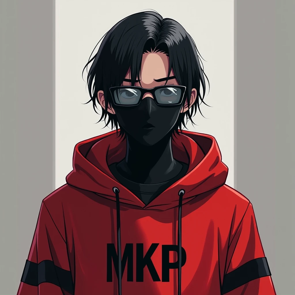 A monochromatic digital artwork featuring a boy age 25 and with a serious expression, wearing a black face mask and a red hoodie. The character has sleek black hair and futuristic sunglasses . The hoodie has a unique design of a MKP . The background is a smooth, adding to the overall mysterious and cool vibe of the image