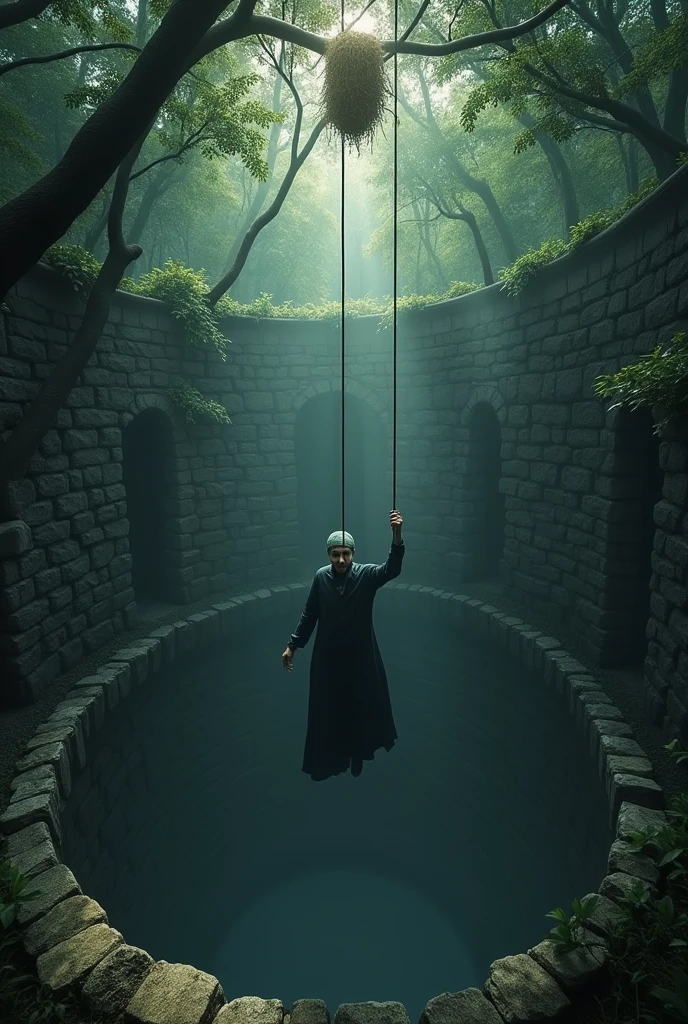Deep in the forest, a Muslim hangs in fear from a rope in a big well. A beehive in the tree on the wall of the well.