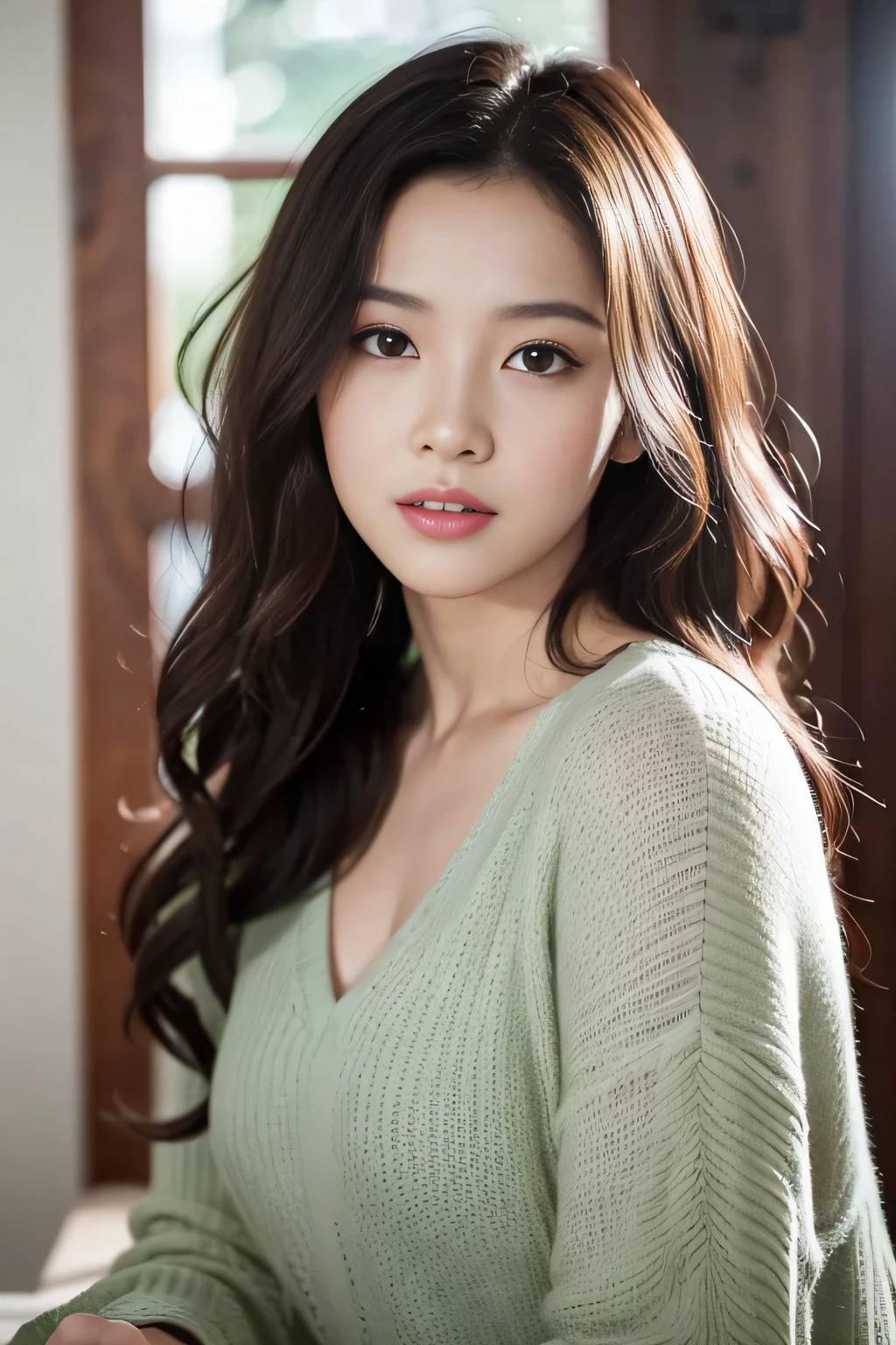 the Extremely Detailed CG Unity 8K Wallpapers、top-quality、ultra-detailliert、masterpiece、realisitic、Photo Real、extremely detailed cute girl、25-years old、(skirt rift)、(skirt lift by yourself))、Different color panties for each image、panties focus、red blush、cparted lips、looking at the viewers、Half body shot、Beautiful woman wearing fashionable and classy clothes、beautiful spring scenery) Different hair lengths and waves for each image,Sweet smile
