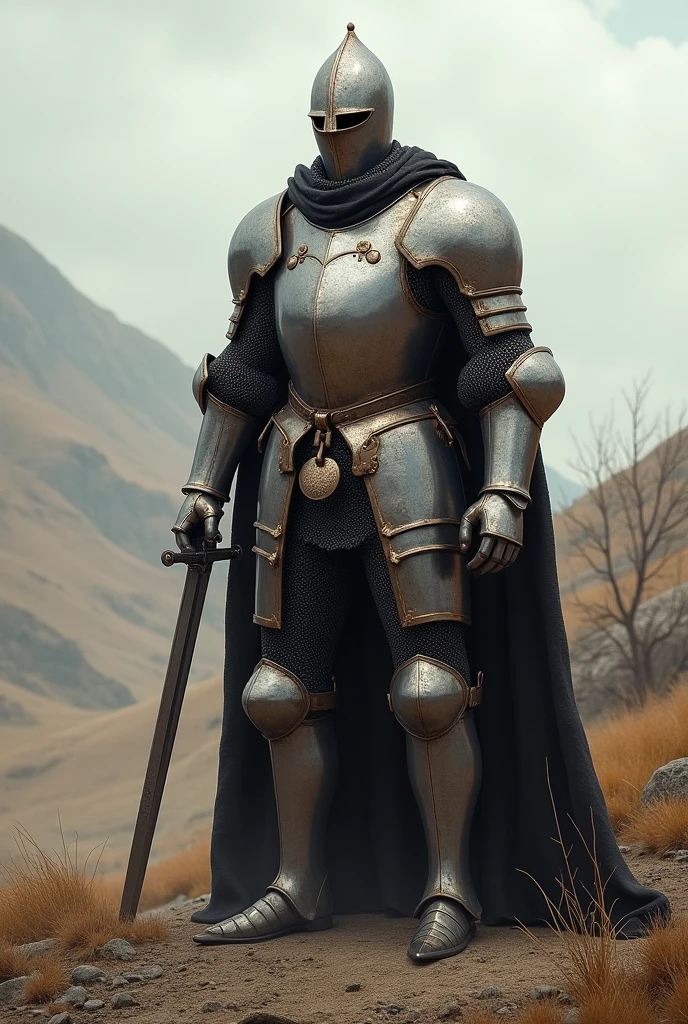 create an realistic medieval knight from the early 15th century with helmet