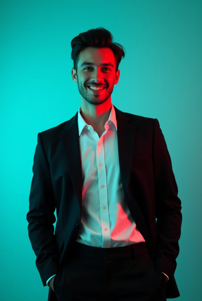 A young Man With Dark hair and a confident smile He is Dressed in a black blazer over a white shirt The man is positioned against aqua colour backdrop with a subtle red lighting on t