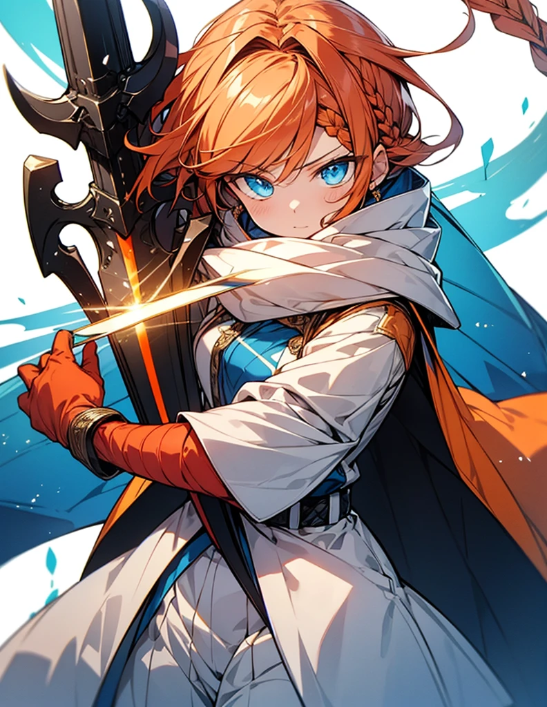 Highest quality Orange Hair Blue eyes Braid cute White and blue clothes Wielding a great sword Looking at this