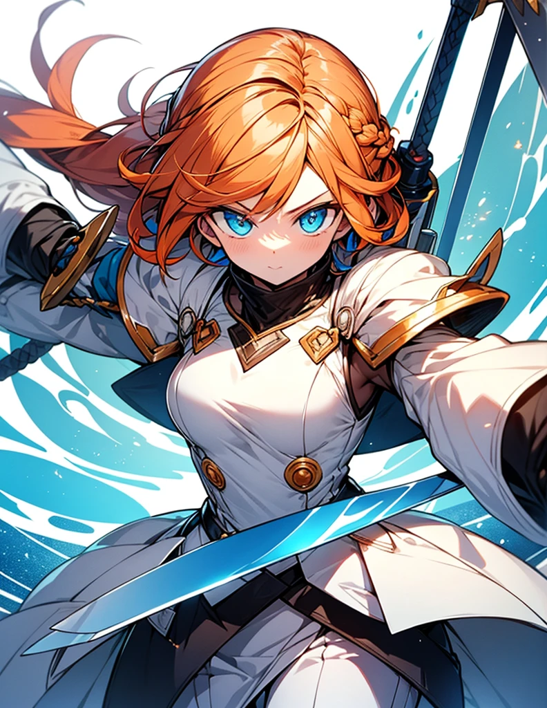 Highest quality Orange Hair Blue eyes Braid cute White and blue clothes Wielding a great sword Looking at this