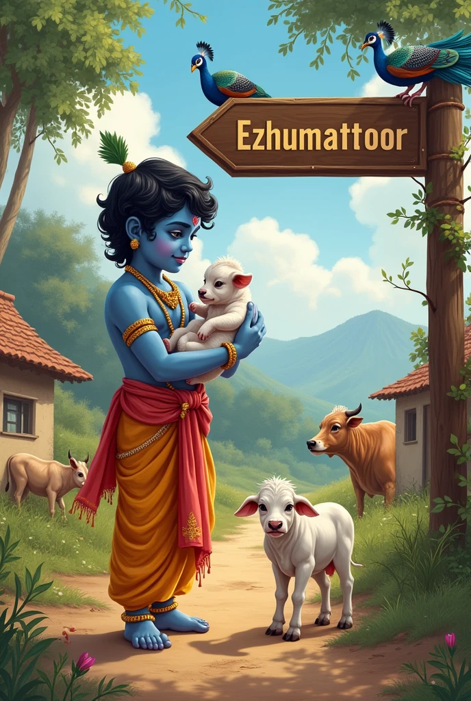 little blue krishna is looking forward and holding a cow baby with his hand and standing in a village.Village name EZHUMATTOOR is highlighted in road sign board. There are some baby cows and peacock birds nearby 