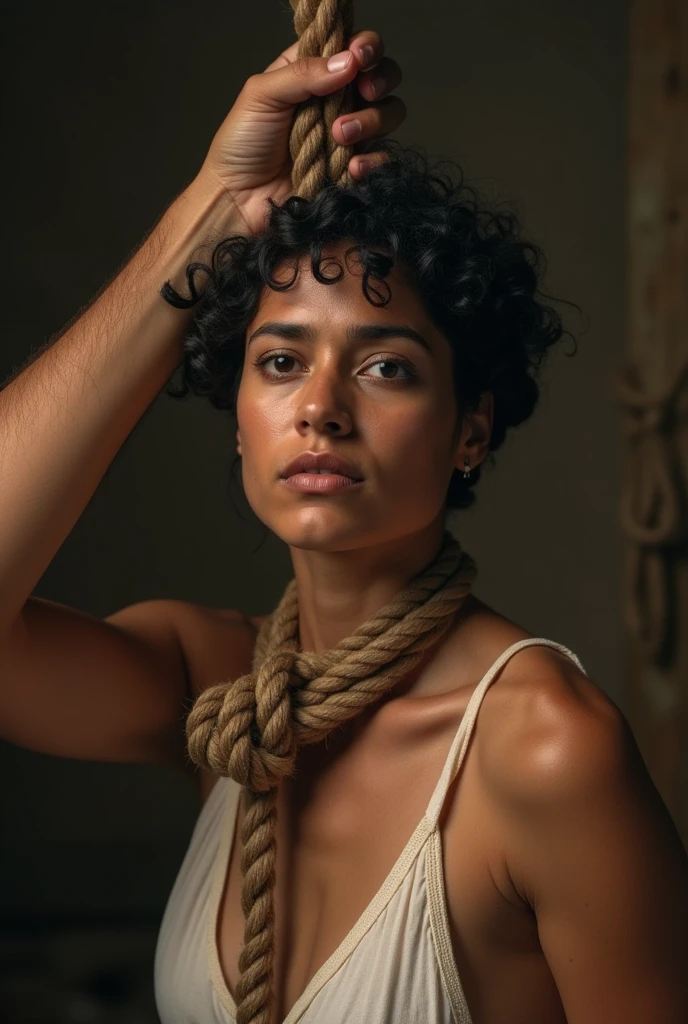 man tightening rope noose around indian woman neck, short hair, curly mullet, naked, 1 woman, man putting rope around woman's neck, womanserious expression, woman empty expression, wide-eyed, scared, execution by hanging, gallows
