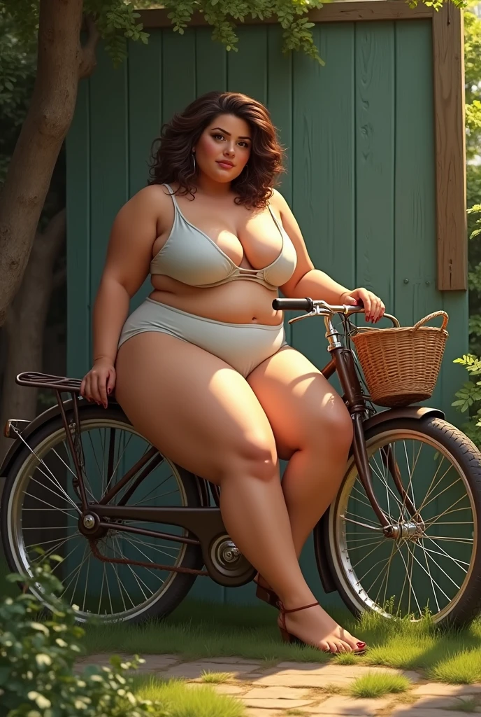 A fatty girl sitting on the puncture bicycle in bra and panty