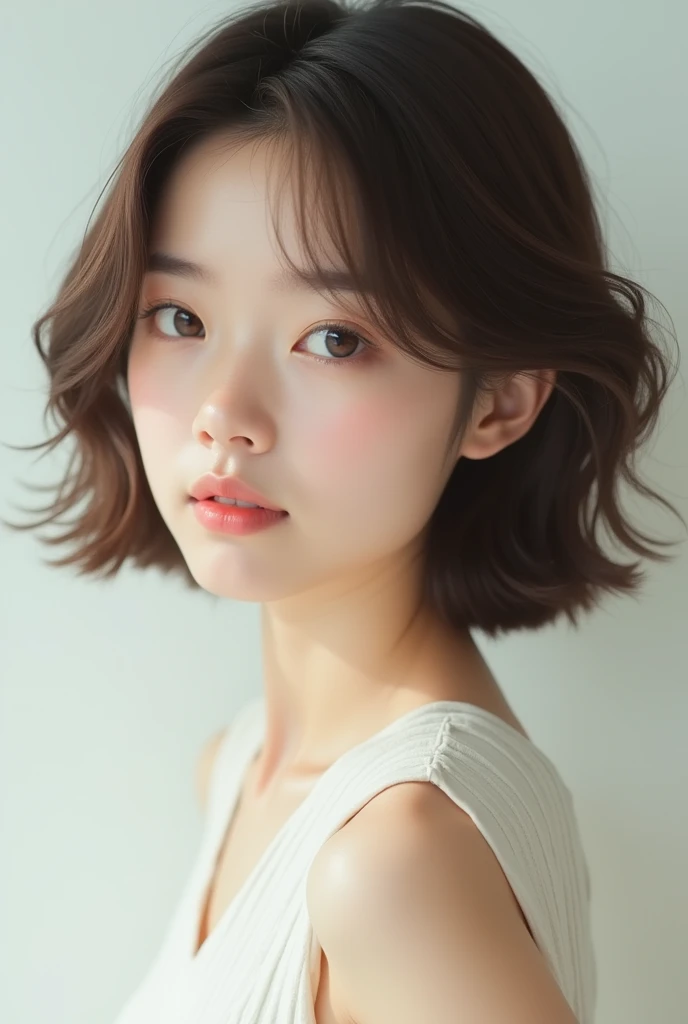 ((best quality)), ((masterpiece)), (detailed), perfect face, no make face, very short hair, light brown hair ((complete closed mouth)), 20 years old Japanese idol, 1 pretty girl, 