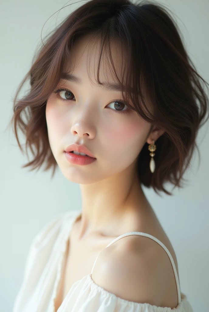 ((best quality)), ((masterpiece)), (detailed), perfect face, no make face, very short hair, light brown hair ((complete closed mouth)), 20 years old Japanese idol, 1 pretty girl,