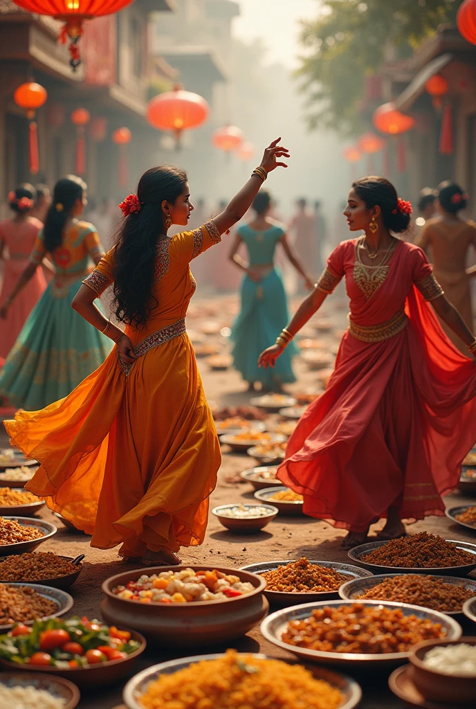 

Try to add Uttar pradesh aesthetics 
On the back ground it's food and dance 
Add food also 