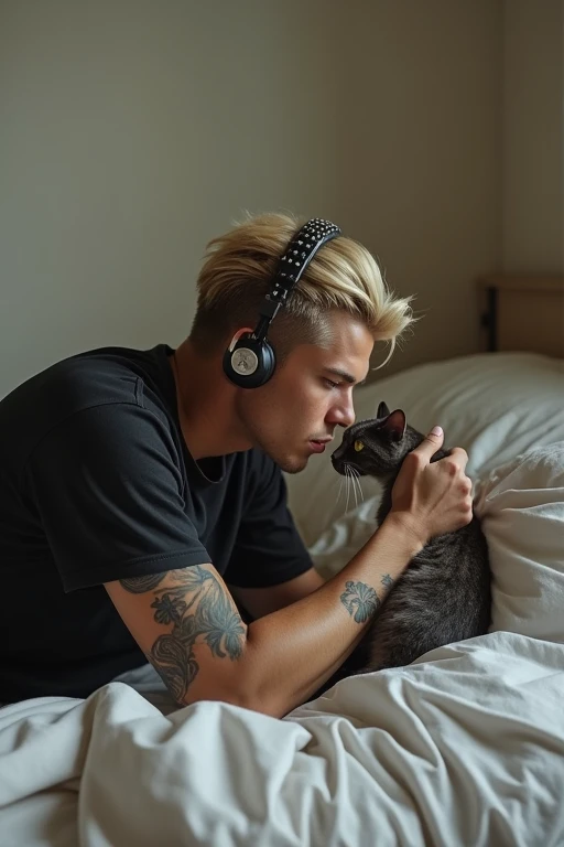 Masterpiese, best quality, man, Handsome，Baggy pants，Street fashion，1，Blonde，center-parted hairstyle , tattoo, Double eyelids，looking away , Headphones, lying on a bed with a natural curve in the body , viewed from the side , holding a cat , kissing the cat, a man in a black suit 
