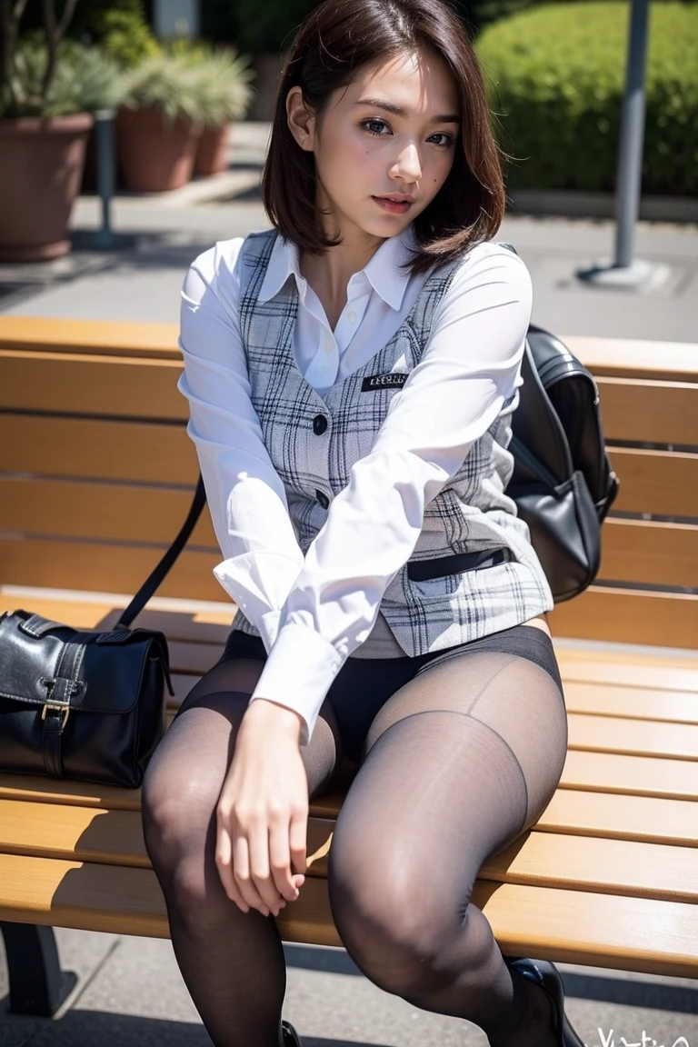 Urzan-6500-v1.1, (RAW Photos:1.2), (Realistic), (Genuine:1.4), 1、Perfect Anatomy、4、Looking into the camera、Medium Long Hair、Plaid vest、((Sit on a bench:1.3))、(Ultra-realistic pantyhose:1.2), (High heels)、(Business services)、(Nipplesが見えている)、Nipples、panties、白いpanties