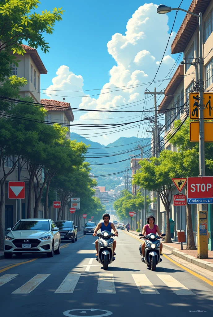 On a road with few cars and motorcycles, show traffic signs in a city in Brazil, being very realistic. Creating a horizontal image